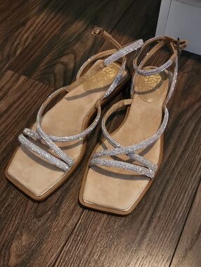 Vince Camuto Strappy Rhinestone Ankle Strap Sandals - Tan